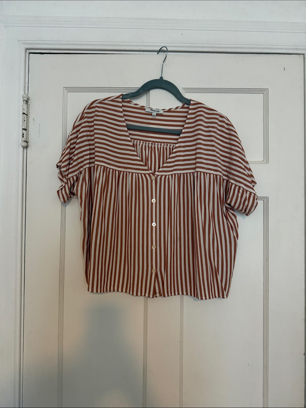 Madewell Rust and Cream Striped Button-Front Short Sleeve Blouse